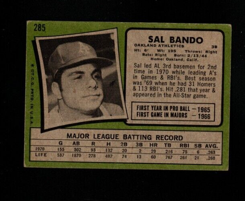 Topps # 285 Sal Bando 1971 en muy buen estado (sin pliegues) - Imagen 2 de 2