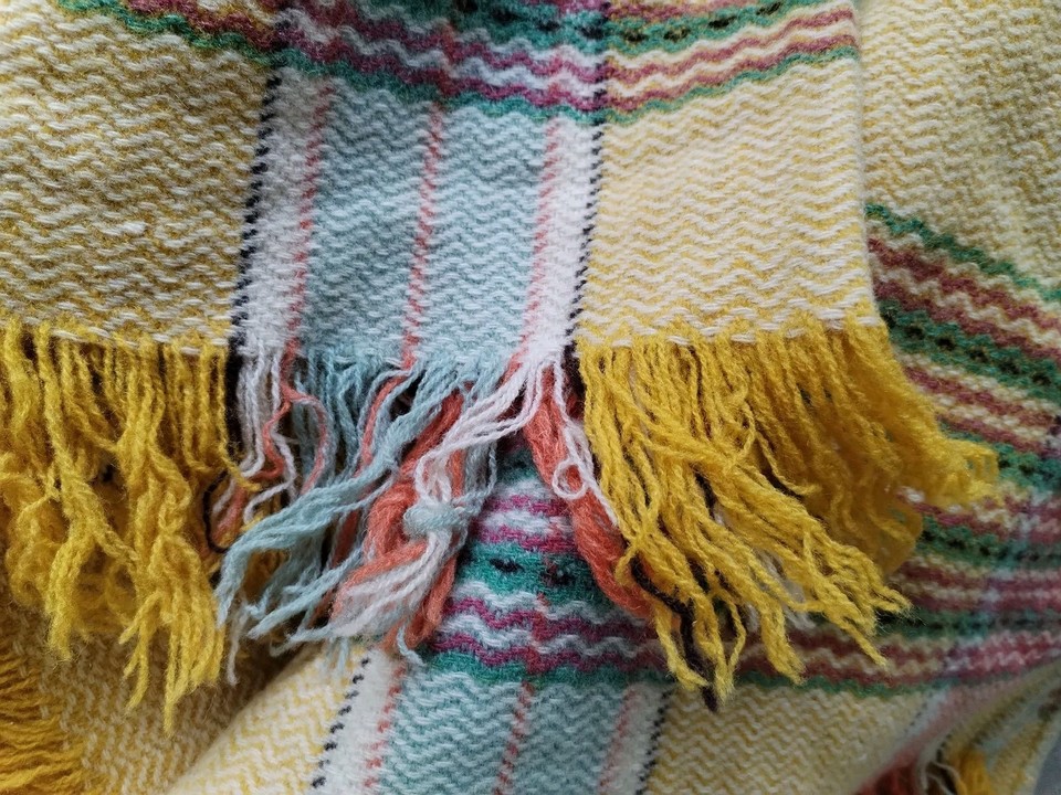 Beautiful Gold Welsh Wool Blanket With Fringe Pink Green Large 83"x 75