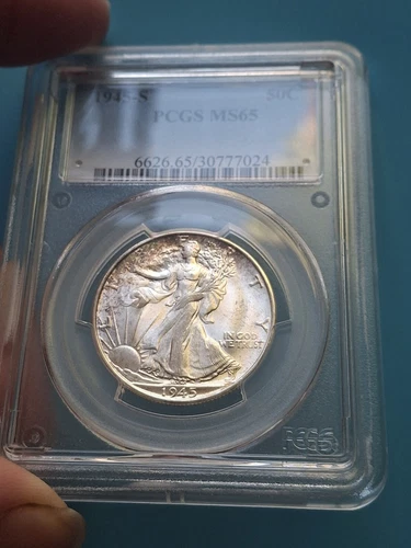 1945-S Walking Liberty Half Dollar Coin 50c PCGS MS65 Nice Colors/Toning