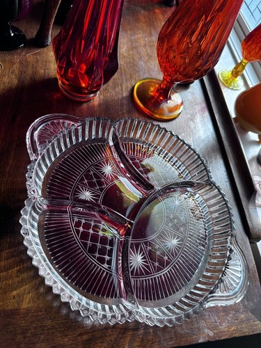 Antique Paden City “glades” Ruby Stain Crystal Starbursts Divided Tray 1930s - Picture 6 of 9