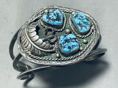 Fascinating Vintage Native American Navajo Morenci Turquoise Sterling Silver Bracelet Fascinating Vintage Native American Navajo Morenci Turquoise Sterling Silver Bracelet