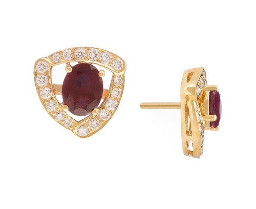 1.10ct Natural Round Diamond Ruby 14k Yellow Gold Anniversary Stud Earring - Picture 3 of 5