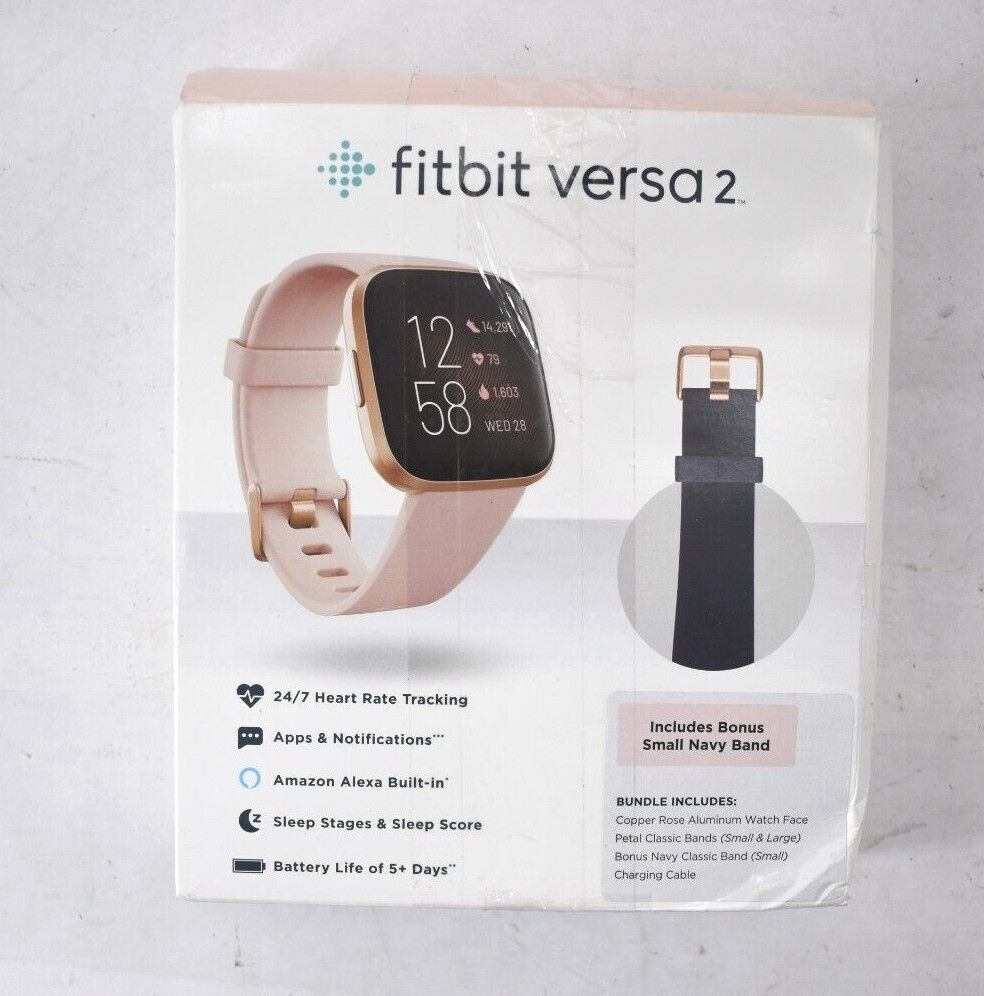 Fitbit Versa 2 Copper Rose Smartwatch With Small & Large Navy Classic Bands Fitbit Versa 2 Copper Rose Smartwatch With Small & Large Navy Classic Bands