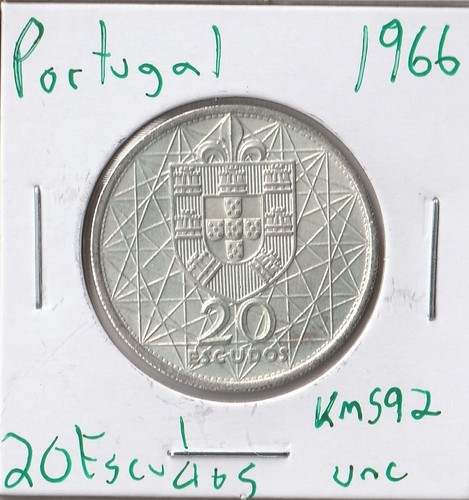 Coin Portugal 20 Escudos 1966 KM592, silver