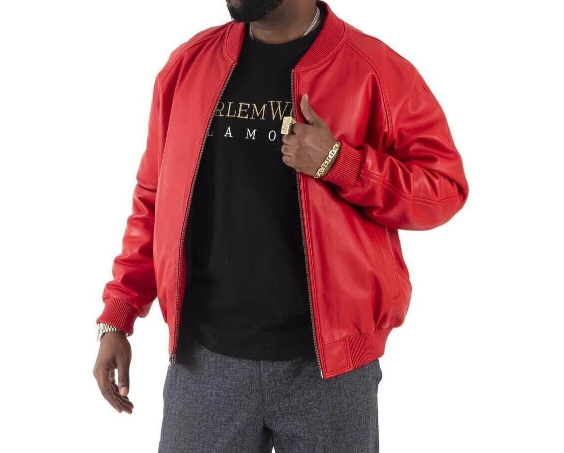 Men's Red Genuine Lambskin Leather Bomber Jacket Baseball Varsity Style Coat
