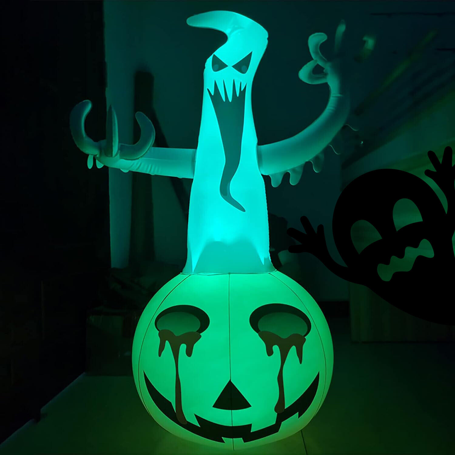 120cm Halloween Aufblasbar Kürbis mit Geist,Horror Dekoration mit LED-Licht