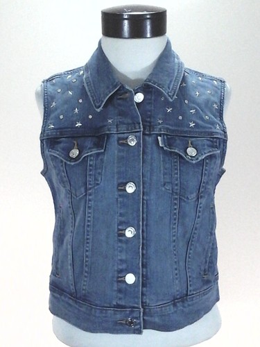 LEVI'S Denim Vest Blue w Stars and Studs Trucker Western White Tab Womens M - Picture 3 of 7