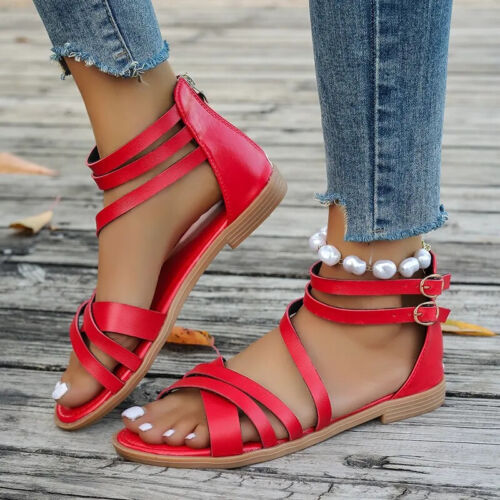 Women Sandals Summer Open Toe Double Buckle Strap Shoes Comfy Beach Walking Shoe - Picture 10 of 28