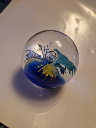 Vintage Art Glass Paperweight Yellow Teal Flower Blue Controlled Bubble - Picture 5 of 8