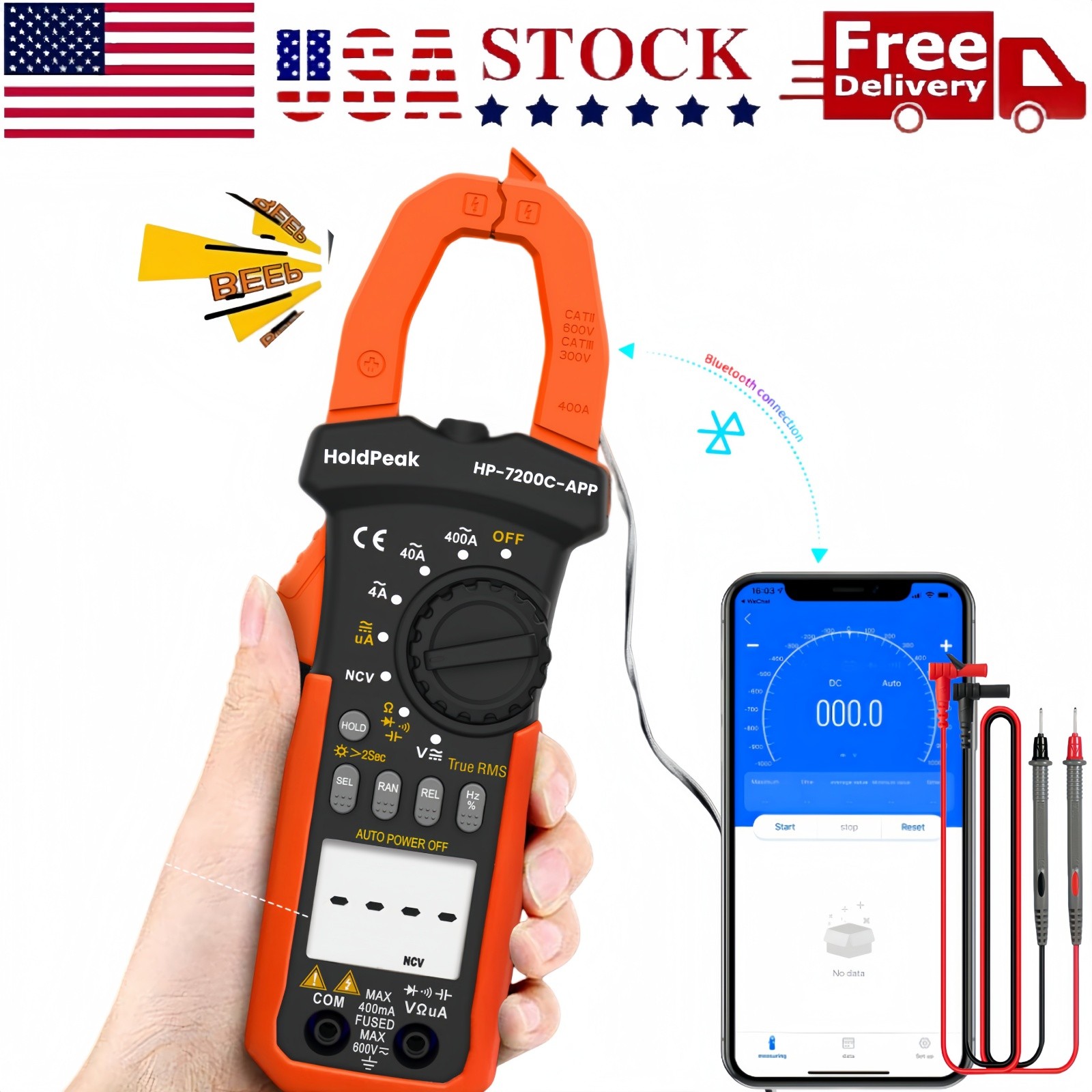 HoldPeak Clamp Meter True RMS 4000 Counts Bluetooth AC/DC Amp Voltage Tester