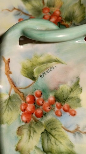 hand painted china double leaf dish currants signed a phelps - Picture 2 of 2
