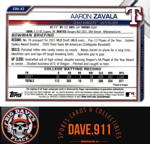 Autógrafos Aaron Zavala 2021 Bowman Draft cromados selección de draft #CDA-AZ AU Rangers - Imagen 2 de 2
