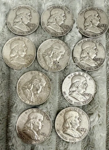 Lot of 10 Franklin Half Dollars 90% Silver All 1958-D Circulated VF #191