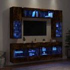6P TV Wall Cabinet Set w/ LED Light, Media Entertainment Wall Unit, Smoked Oak