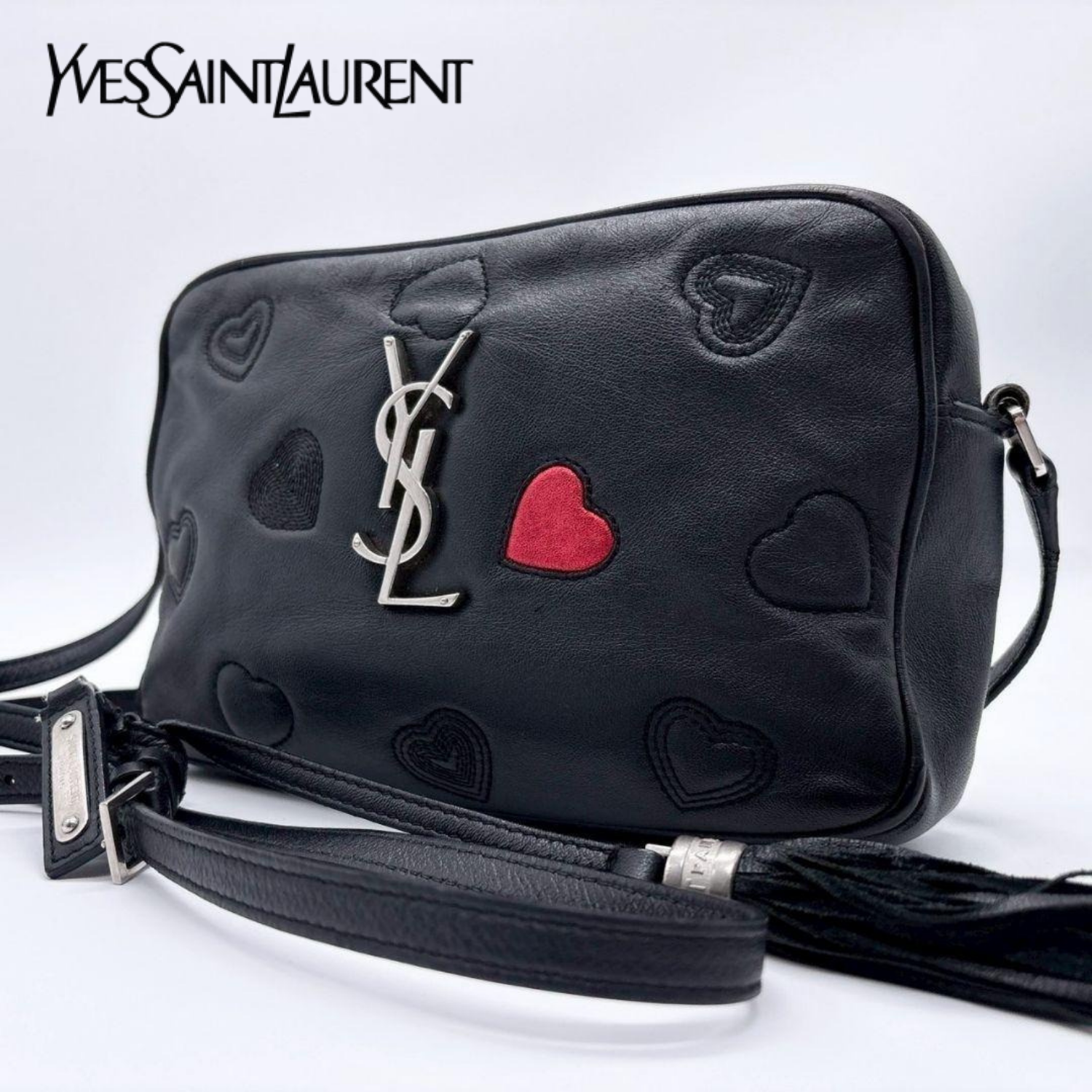 Borsa per fotocamera Yves Saint Laurent cuore tracolla frange pelle nera