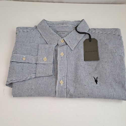 All Saints Striped Shirt XL Chest 42in White Blue Stripe Fleck Detail - Delmont - Picture 17 of 18