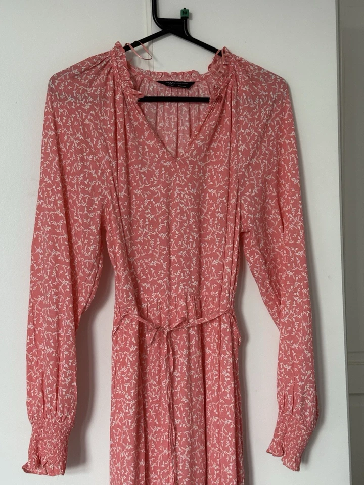 M&S Collection Pink Dress Maxi Size 8 Regular Long Sleeve V-Neck - Image 2 of 4