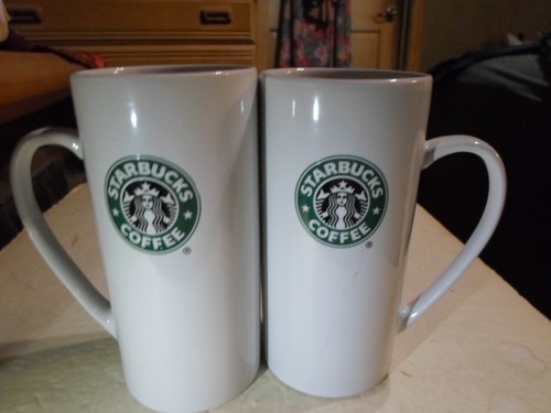 Starbucks 2008 Two Tall Skinny Latte Mugs 14 OZ with Mermaid Siren Green Logo