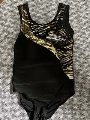 rhythmic gymnastics leotard size 140 Black Gold Sequin