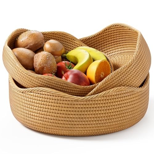 Rattan Bread Basket, 3 Pack Hand Woven Round Fruit Baskets for Wave-Combo - Picture 2 of 7