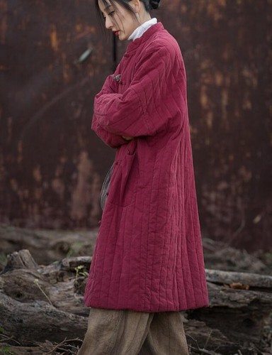 Damen Baumwolle Leinen Mantel Lang Parkas Einreiher Stepp Baumwolle Wattiert Jacke - Bild 5 von 20