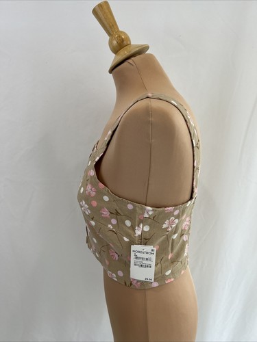 BP. Women's Linen Blend Crop Top Size Medium Button Front Beige Tan Floral Tank - Bild 2 von 8