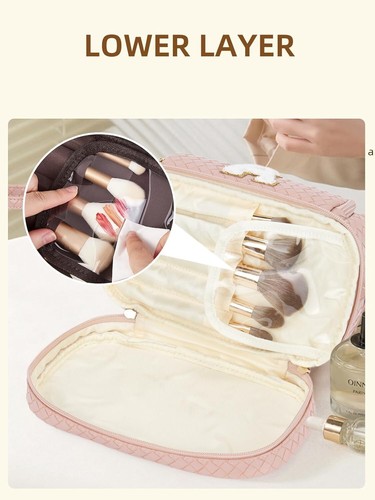 Makeup Bag Large Capacity Travel Cosmetic Bags Double Layer Women Pink-A - Picture 7 of 7