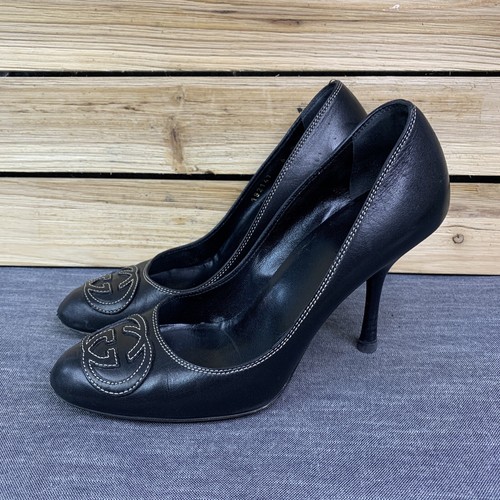 Gucci GG Logo Classic Pumps Women’s US 6 B Leather Stiletto Heel Shoes Black