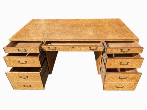 Vintage 1960s John Widdicomb Campaign Desk – Refinished Burl Wood, Brass Pulls - Picture 10 of 19