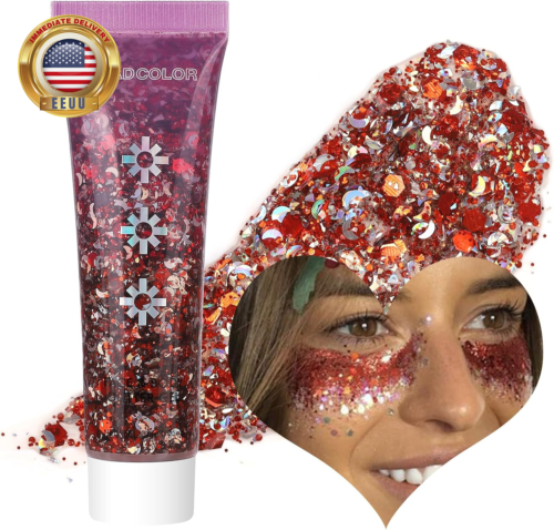 Red Face Body Glitter Gel, Holographic Shimmer Chunky Glitters Makeup for Hair N