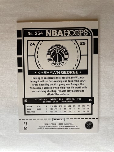 KYSHAWN GEORGE 2024-25 NBA Hoops Blue SP Rookie RC #254 Wizards - Picture 2 of 2