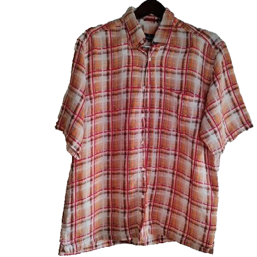 Bugatchi Uomo Linen Men L Orange Plaid Button Down Short Sleeve Coastal Shirt - Picture 2 of 3