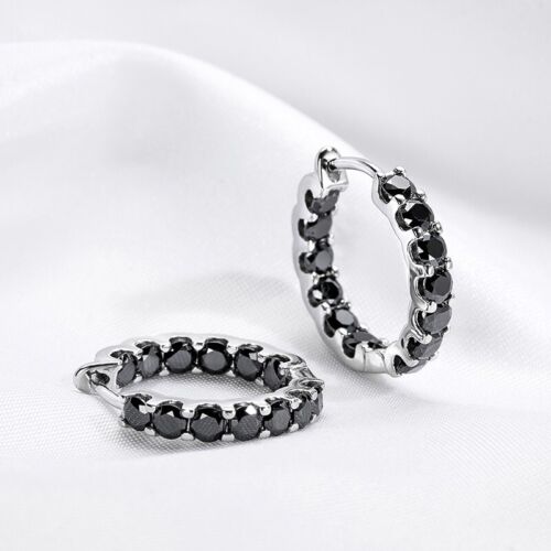 3mm Black Moissanite Hoop Huggie Earrings Men Women 925 Sterling Silver Hip Hop - Picture 4 of 12