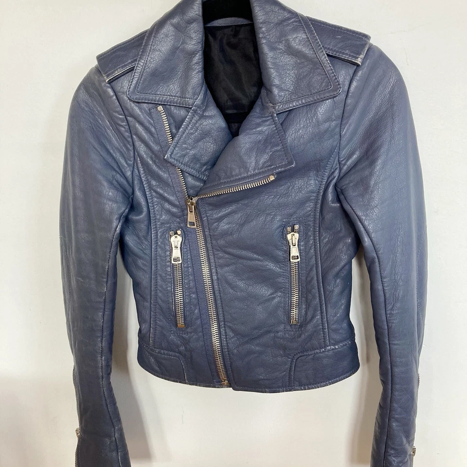 BALENCIAGA Woman's Leather Moto Bike Jacket in Gray, size FR34/XS/US 2 - Image 4 of 4
