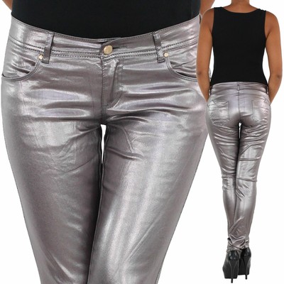 SOTALA Damen Kunstleder Hose Biker Leder Optik Röhrenhose Slim Fit Skinny Silber