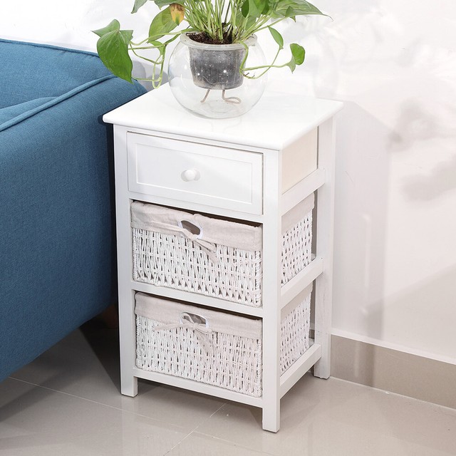 Small White Bedside Table Shabby Chic Drawer Wicker Storage Basket Nightstand