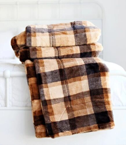 Minky Couture Plush Blanket Adult Sz 50”x60” Timber Plaid tan beige dark brown - Picture 3 of 7