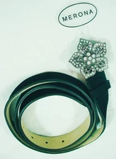 Ladies Belt -Thin,1",  Rhinestone buckle, Black suede leather, Large, Free Ship