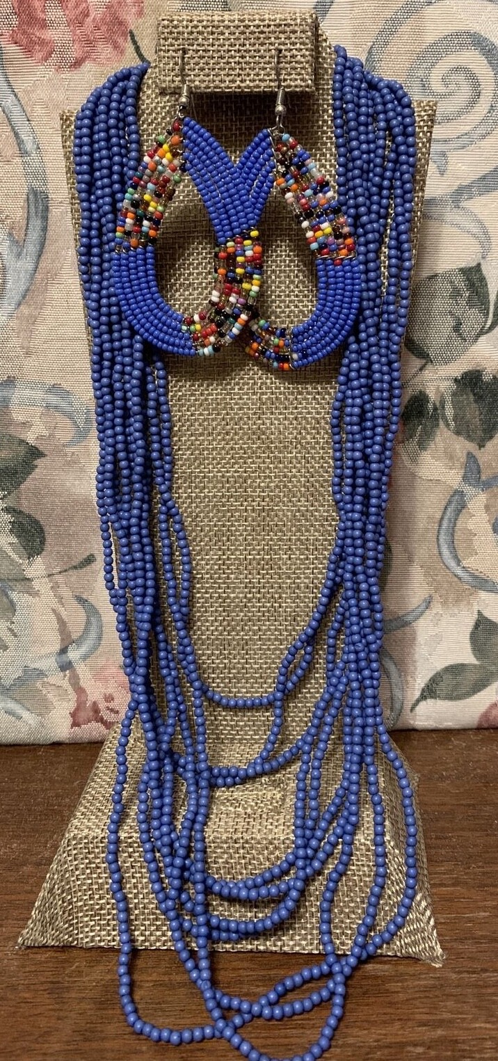 Vintage Blue Bead Multiple Strands Necklace & Hoo… - image 4