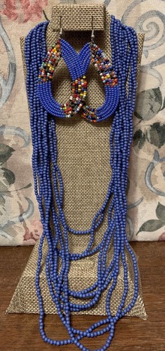 Vintage Blue Bead Multiple Strands Necklace & Hook Pierced Earrings - Picture 4 of 4