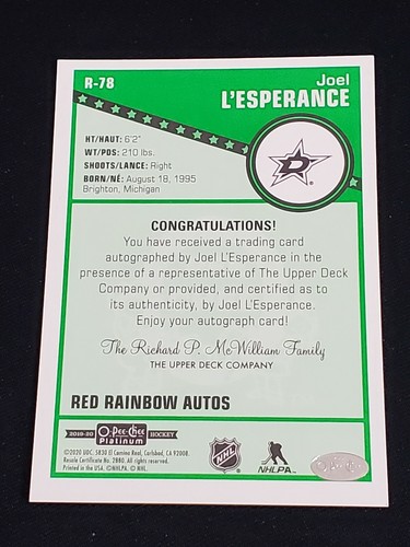 Joel L'Esperance 2019-20 O Pee Chee Platinum RC Retro Red Rainbow Auto Rookie - Picture 2 of 2