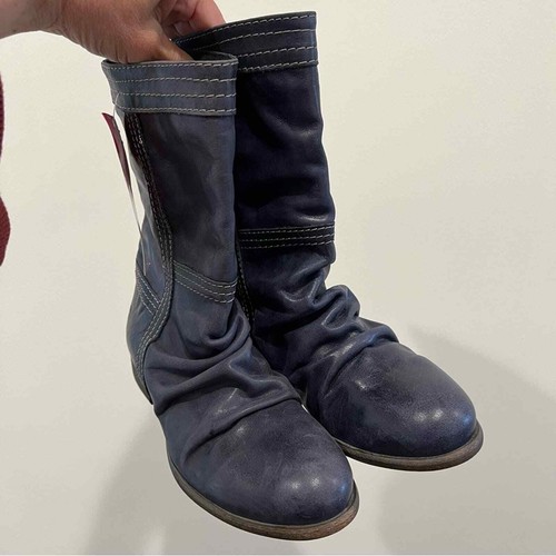 NWT Cinderella Dark Blue Genuine Leather Scrunch Mid Calf Boots Size 6.5 - Picture 8 of 12