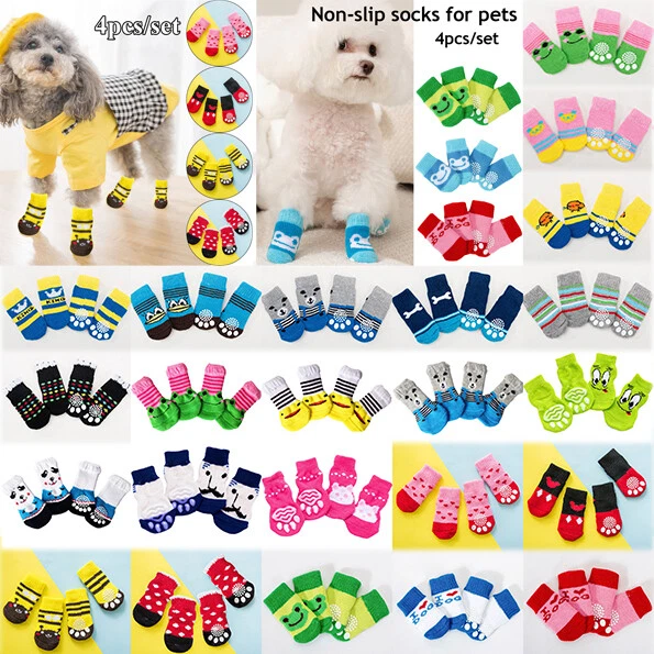 4 un. Calcetines antideslizantes para perros tejidos mascotas cachorros zapatos estampado de patas para S/M/L perros gatos✿ Foto 2 de 4
