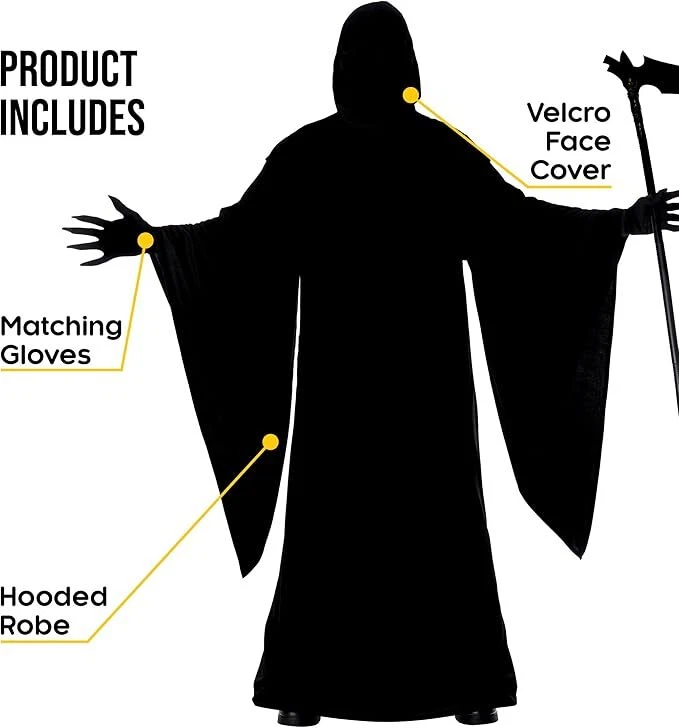 Men`s Grim Reaper Costume Adult Scary Hooded Death Robe & Gloves Halloween - Image 2 of 4