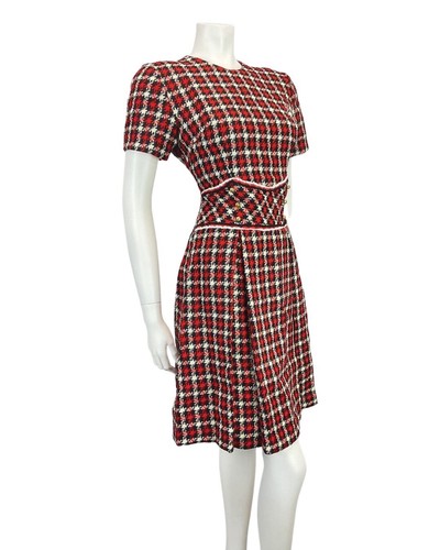 VINTAGE 60s 70s RED BLACK WHITE PLAID CHECKED MOD MINI WOOL DRESS 12 - Picture 7 of 8