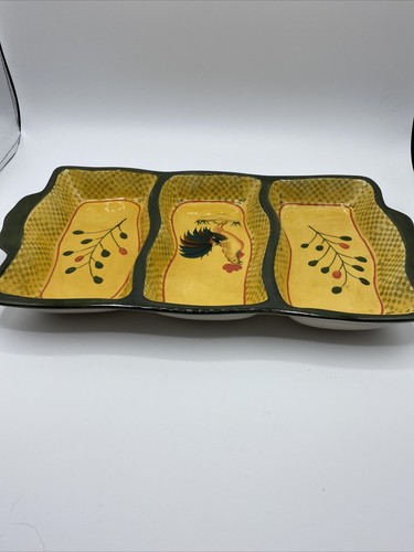 Pacific Rim Rooster Divided Relish Serving Dish Yellow Green Checkered 3 Part - Picture 4 of 6