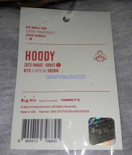 BTS WORLD TOUR HABLA TÚ MISMO PRODUCTOS OFICIALES SUDADERA CON CAPUCHA BTS IMAGEN GRIS NUEVA - Imagen 3 de 14