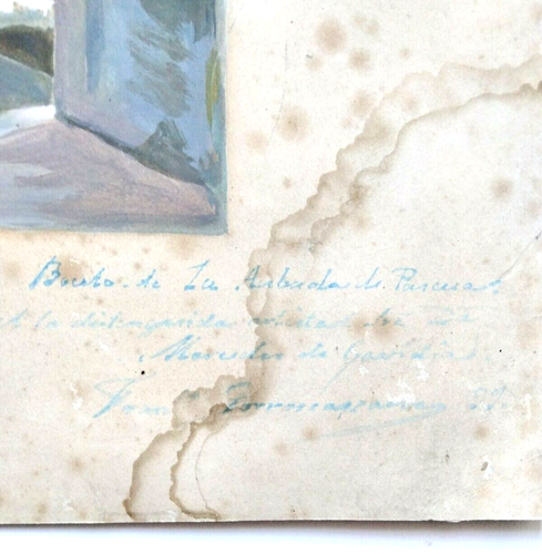 Gouache Néoclassique Original Signé dédicacé en Espagnol datée 1899 36x48cm - Foto 5 di 8