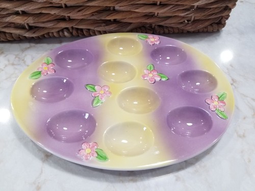 Vintage Colorful Easter Egg Plate 10.5" Long 8" Wide Yellow Purple Pink Flowers  - Picture 1 of 8