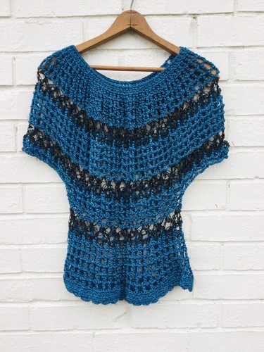NEW Hand Knit Fishnet Cover Up See Thru Bright Blue Black Tunic Top XS Small - Picture 2 of 5